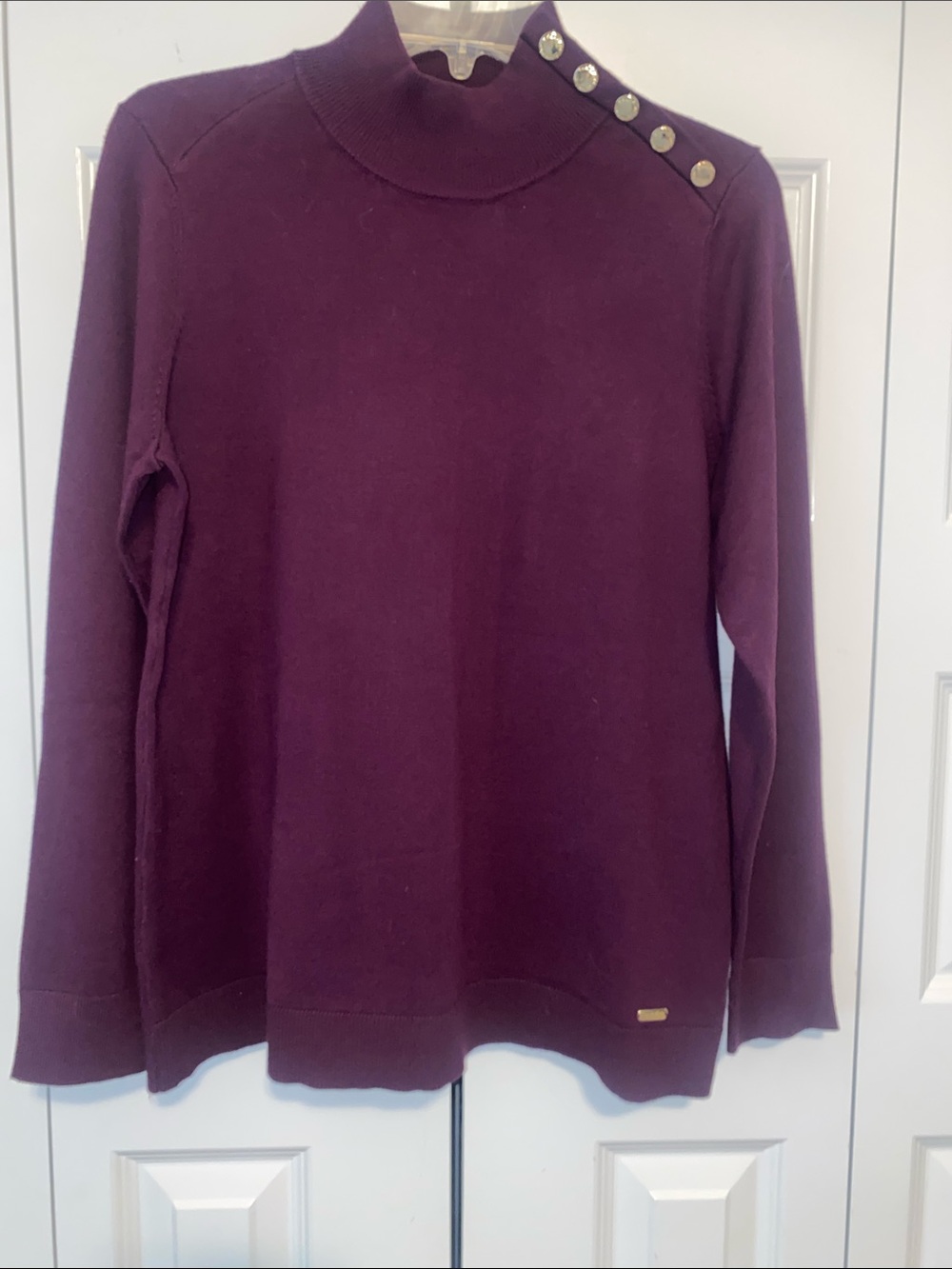 Calvin Klein Mock-Neck Burgundy Button-Shoulder Sweater